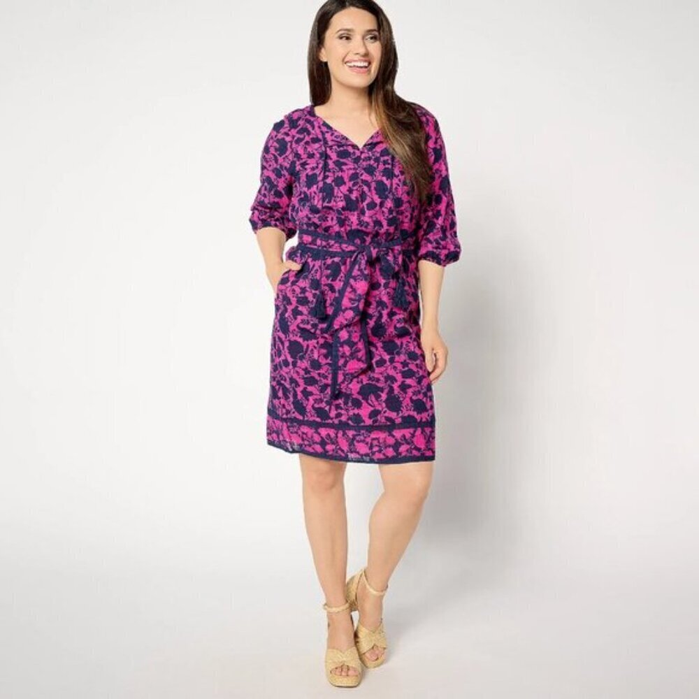 NO BELT Pink and Navy Blue Floral Tunic Dress Lined 100% Cotton Medium Petite